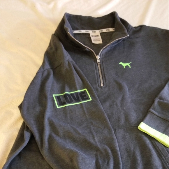 Victoria's Secret PINK!Boyfriend Dark Grey/Lime Green Half Zip Sweatshirt/ - Picture 4 of 5